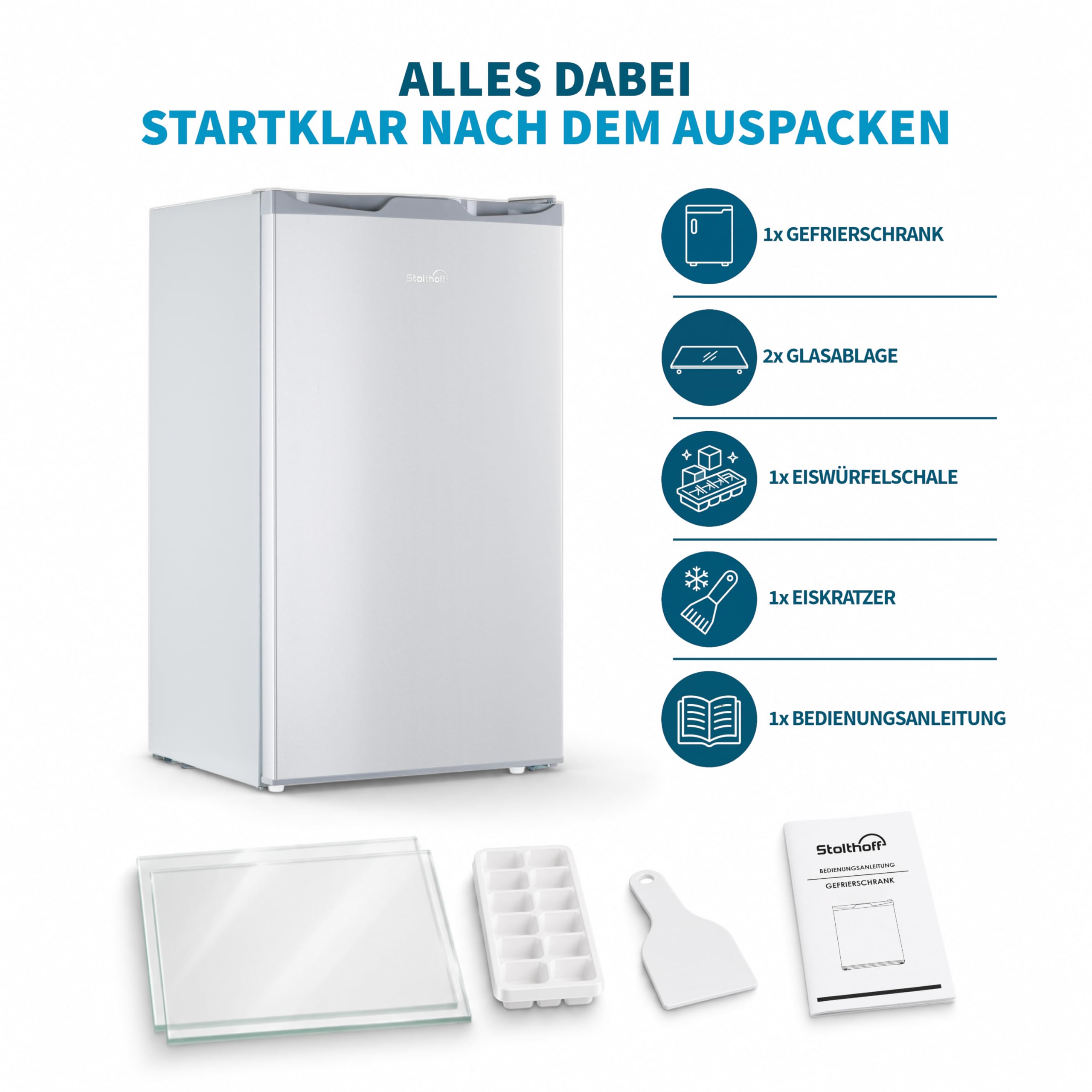 Gefrierschrank klein 63L, Mini Gefrierschrank, Glasablage, 4 Sterne Tiefkühlschrank bis -18 °C, leise 39 dB, Türanschlag wechselbar, freistehend, für Küche/Büro/Keller/Camping, Silber