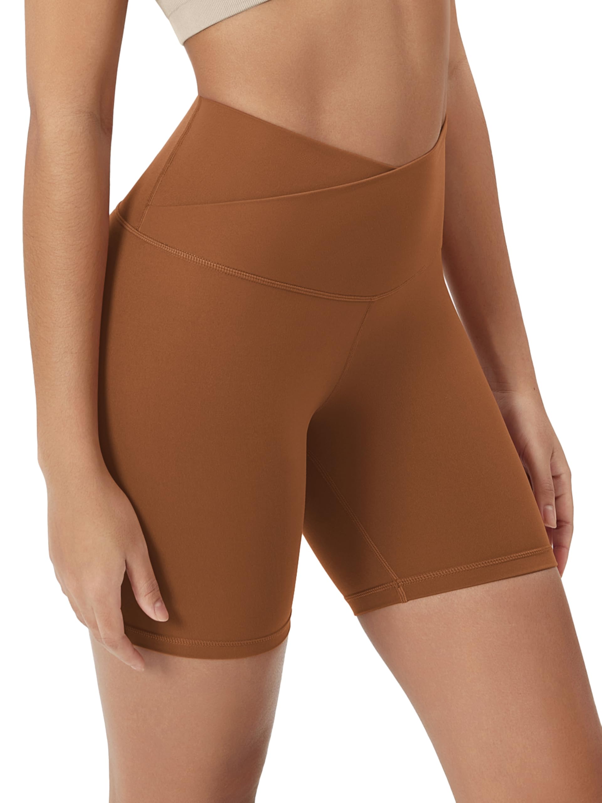 ODODOS Cloud Feeling Crossover Yoga Shorts with Back Pocket for Women, 6" / 8" V High Wasit Lounge Biker Shorts