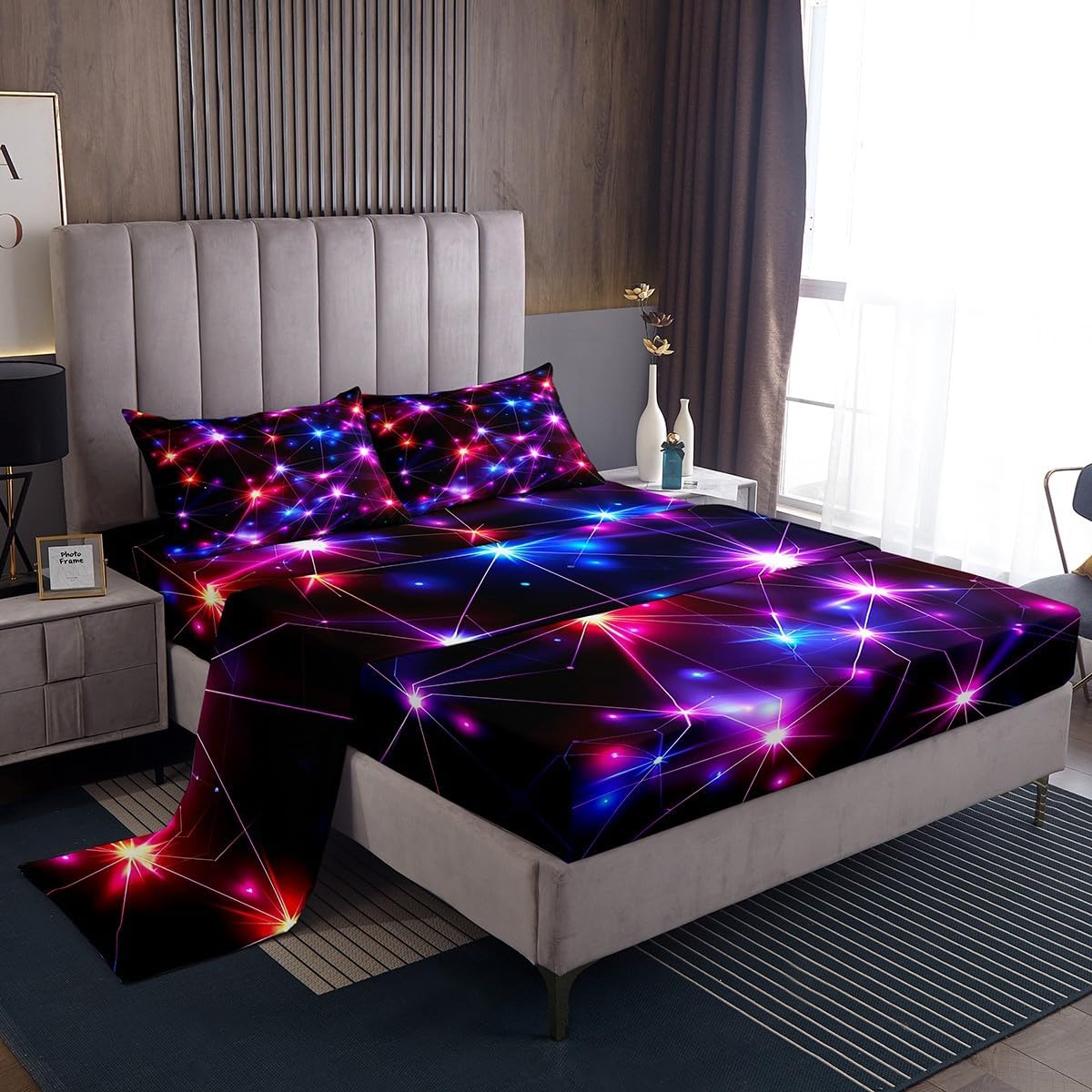 Manfei Rainbow Neon Lights Bed Sheet 4 Piece,Colorful Glowing Crossed Stripes (Not Glowing) Sheets Full Size Bed Set,Geometric Modern Bedding Set with Flat,Fitted Sheet,2 Pillow Cases, Multi 5