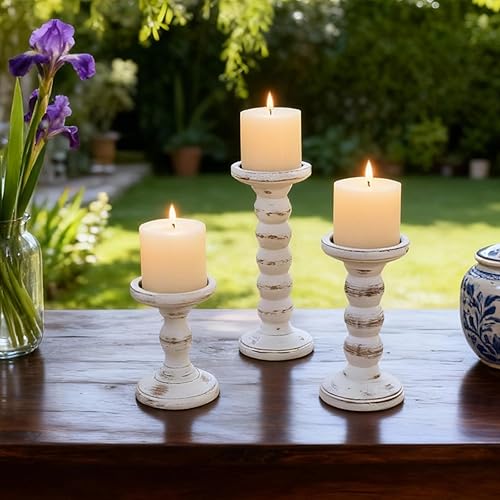 Miniatura 7 de Wood Candle Holder,Solid Wooden Step Stool,3Pcs Rustic White Candle Holders for Pillar Candles, Solid Wood Decorative Candle Holders Distressed