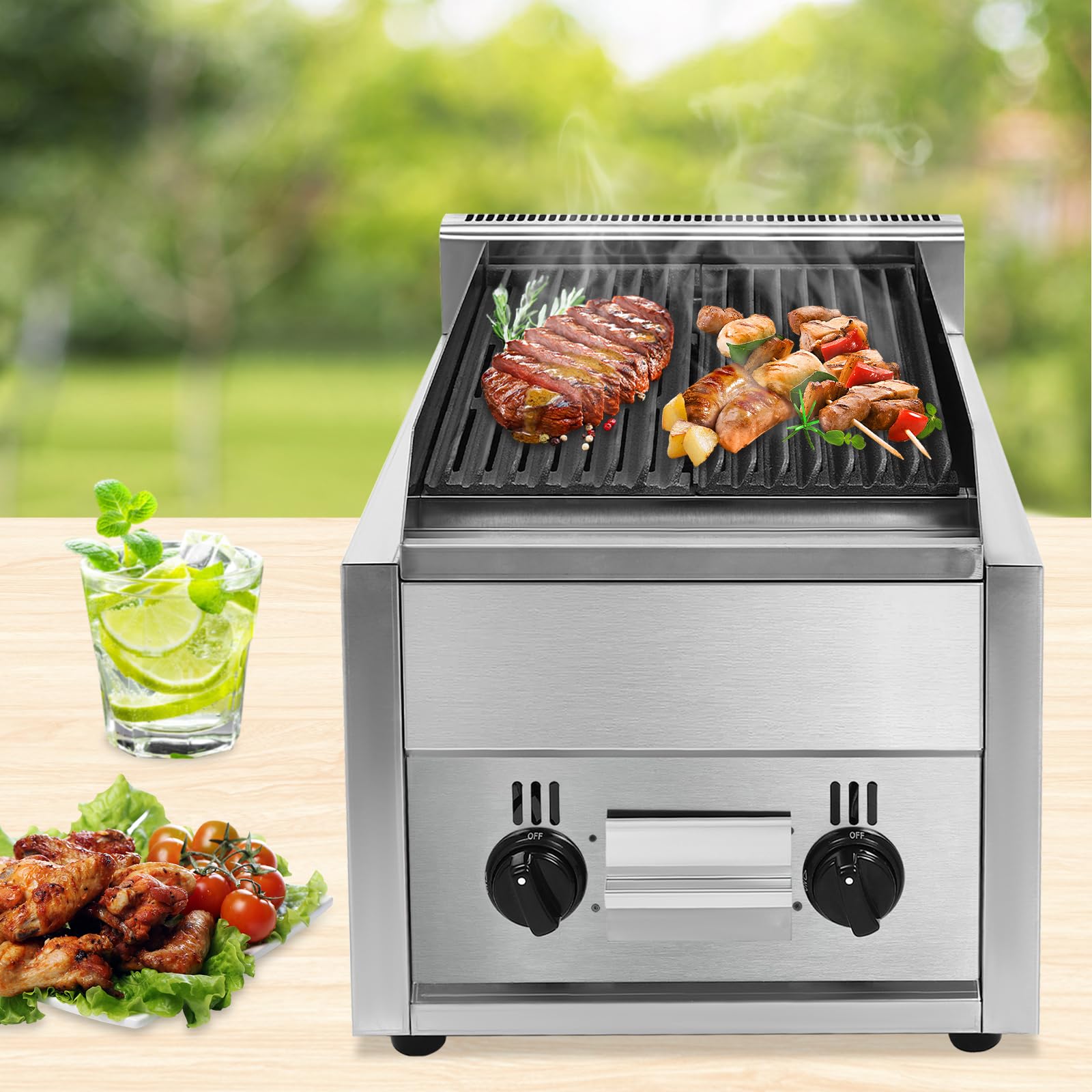 Gas Grill 15 * 6IN Stainless Steel Griddle 60TU/hr Liquefied Petroleum Gas Grill Commercial Countertop Charbroilers Restaurant BBQ Equipment for Kitchen Hotel Diner Food