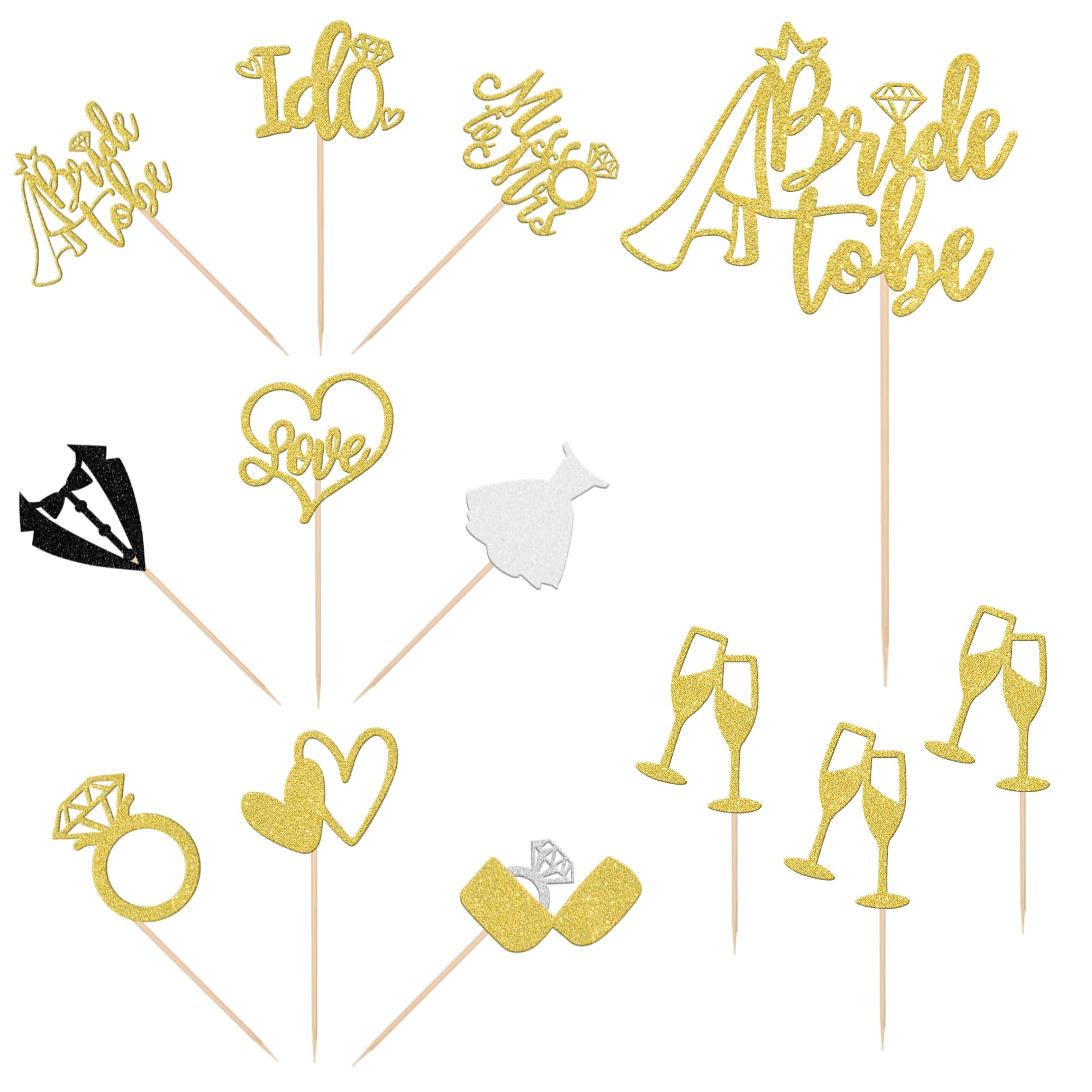 SYKYCTCY 21 Pack Bride to Be Cake Topper Glitter I Do Love Heart Ring Miss To Mrs Cupcake Picks Bridal Shower Cake Decorations for Wedding Engagement Bachelorette Party Supplies Gold - Image 3