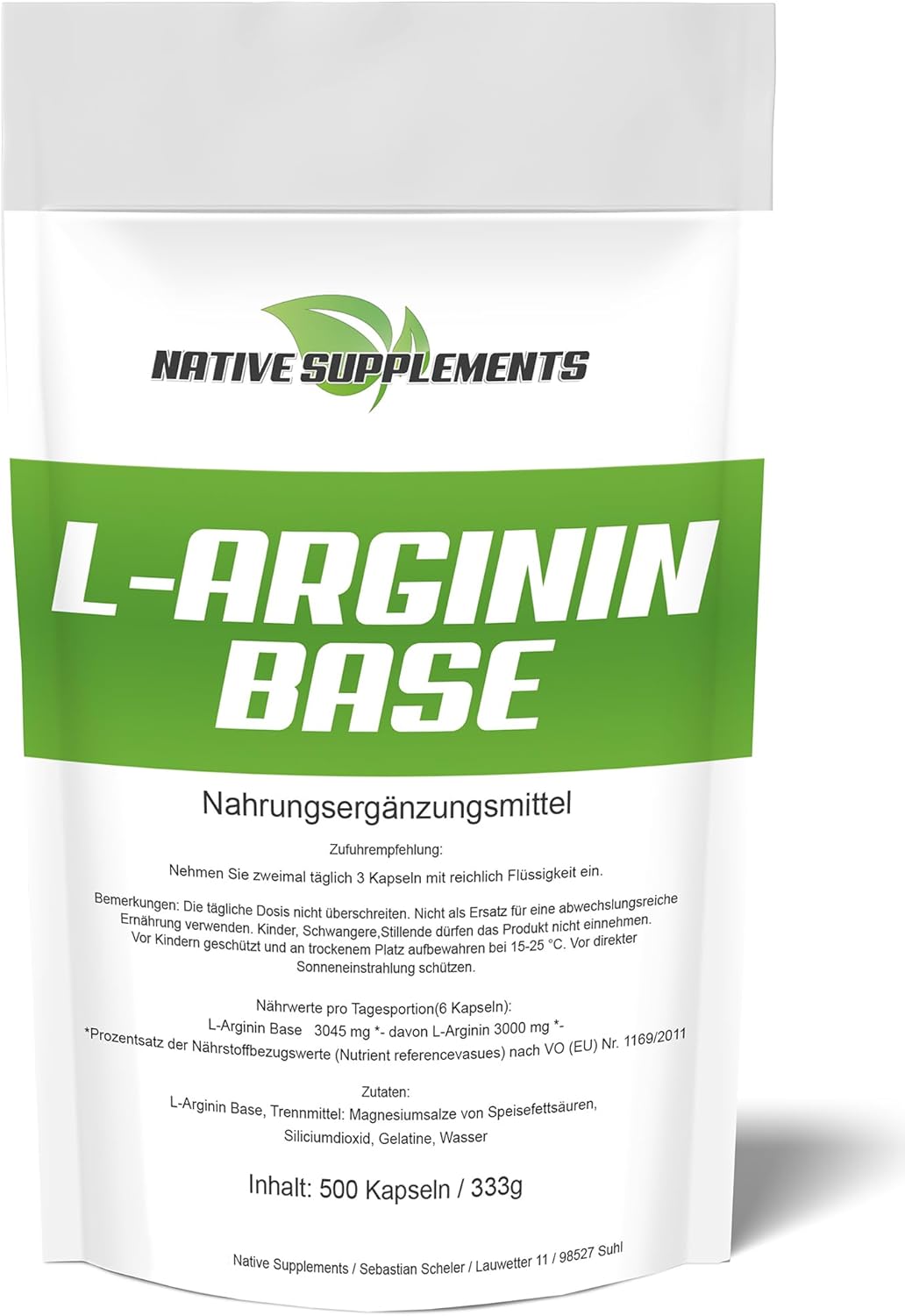 Native Supplements 500 Capsules High Dose LArginine Base with 100