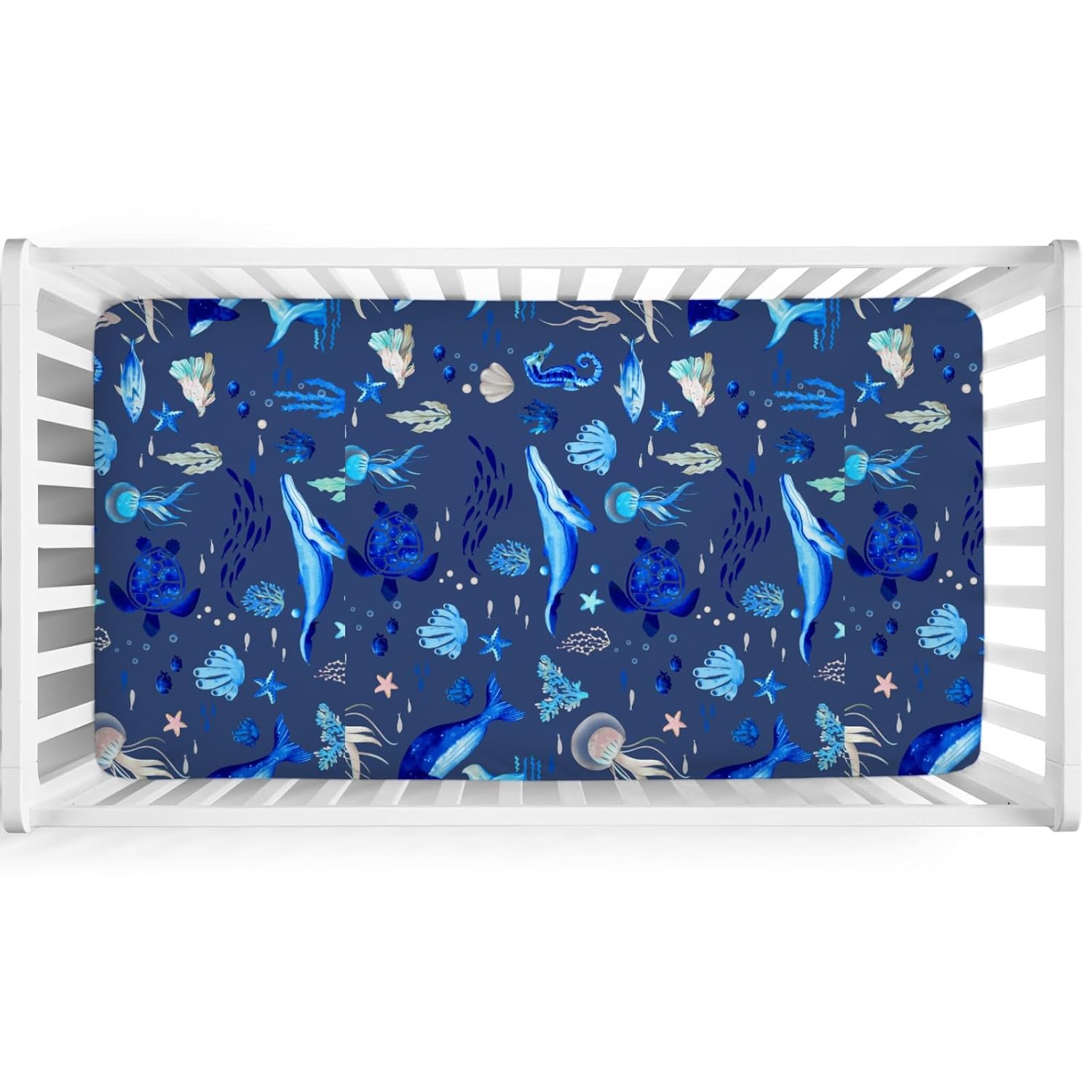 Nautical Life Baby Crib Sheet 52''x28'' Ocean Sea Turtle Whale Jellyfish Sea Horse Weeds Fitted Crib Mattress Cover for Boy Girl Nursery Bed Sheets for Standard Crib and Toddler Mattress Navy