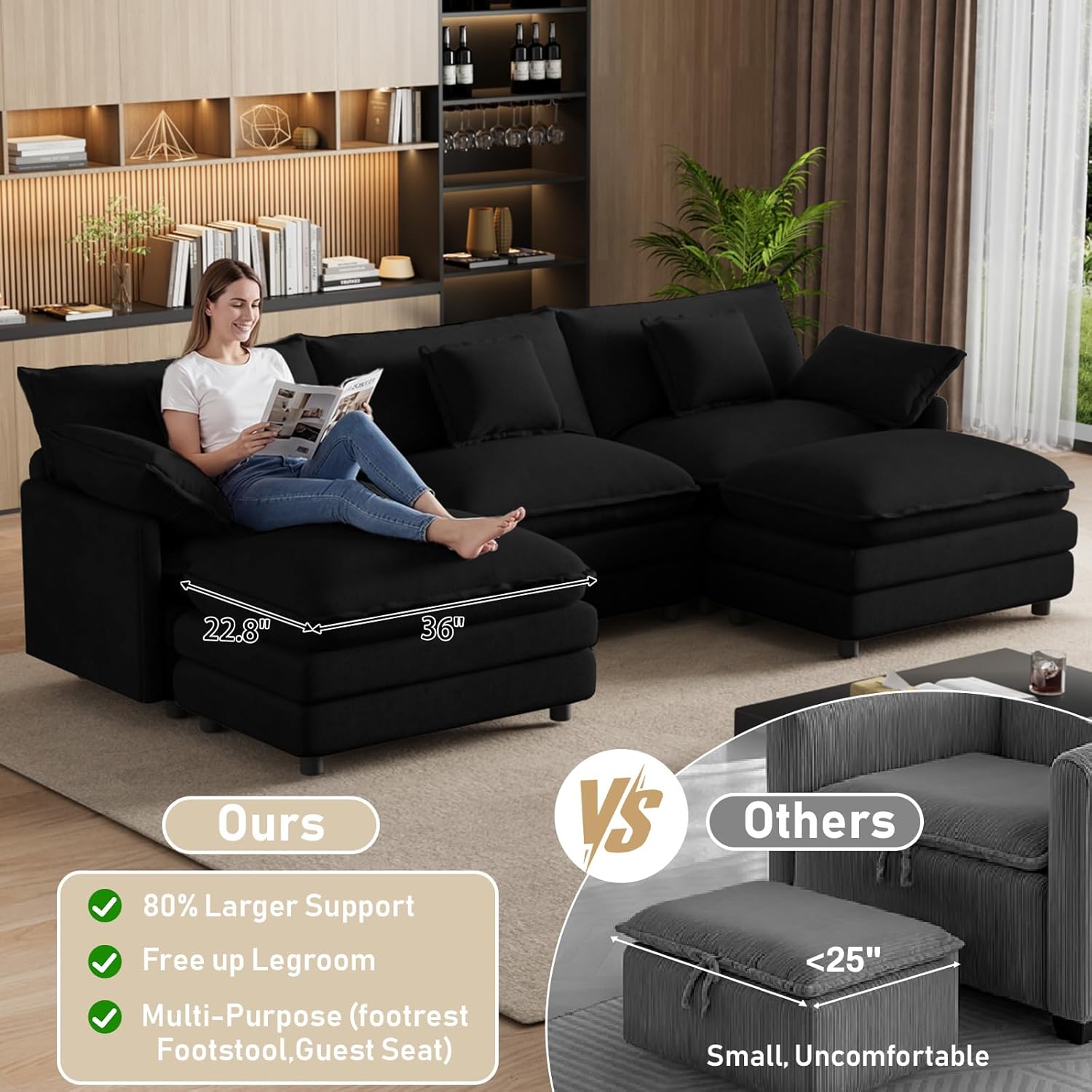 114" U Shaped Cloud Couch Sectionals Oversized Sectional Couches for Living Room Modular Couch, Large Velvet Cloud Sofa with Movable Ottoman, Black