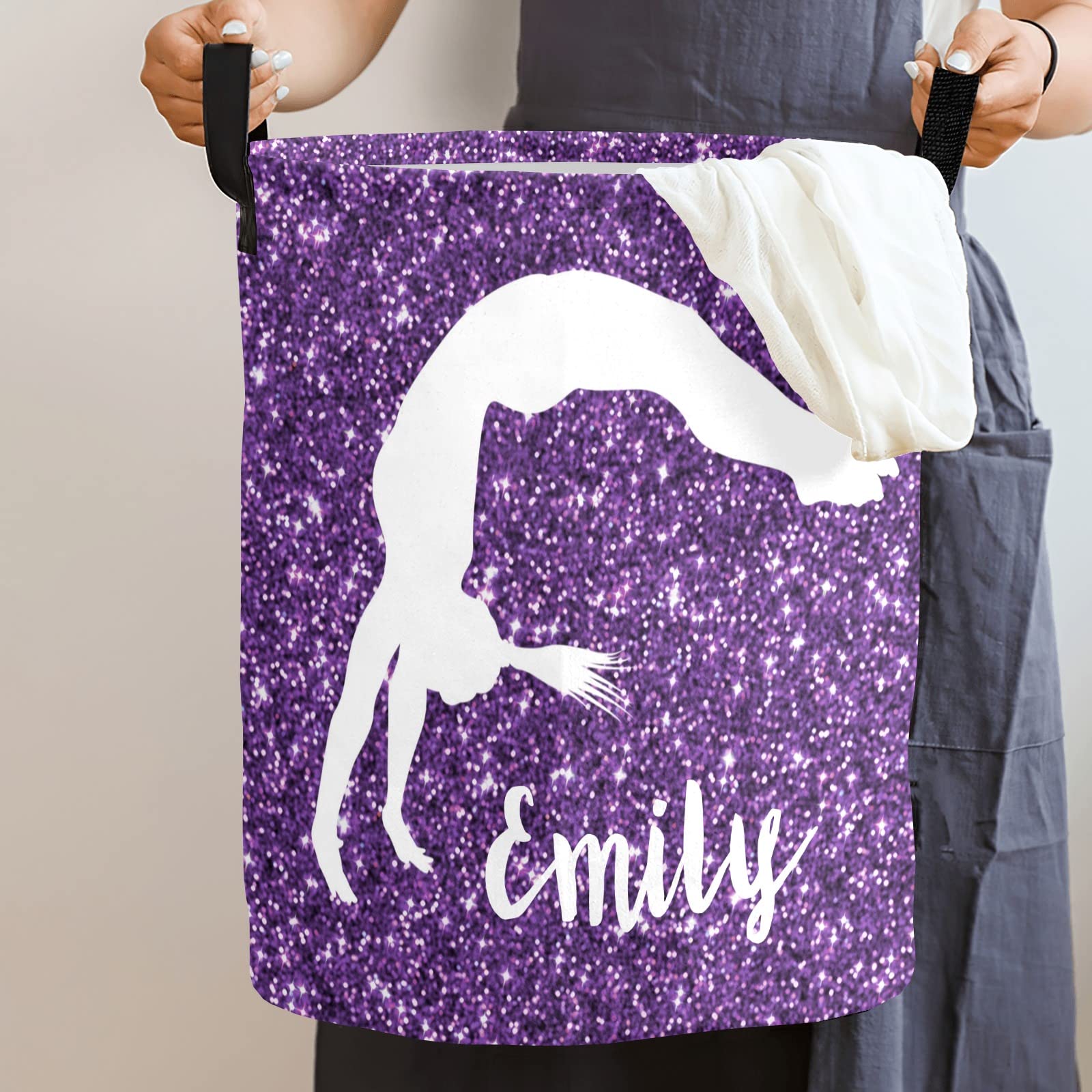 Grandkli Girl Gymnastic Purple Personalized Freestanding Laundry Hamper, Custom Waterproof Collapsible Drawstring Basket Storage Bins with Handle for Clothes, Toy, 50cm x 36cm
