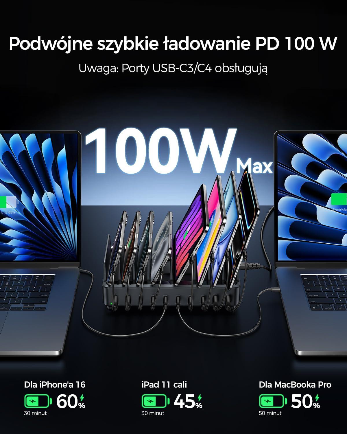 Stacja ładowania wielu urządzeń Rocoren 400 W, stacja ładowania telefonów komórkowych PD100 W z 10 portami USB-C GaN, ładowarka biurkowa kompatybilna z MacBookiem Pro/Air, iPh0nem i Galaxy
