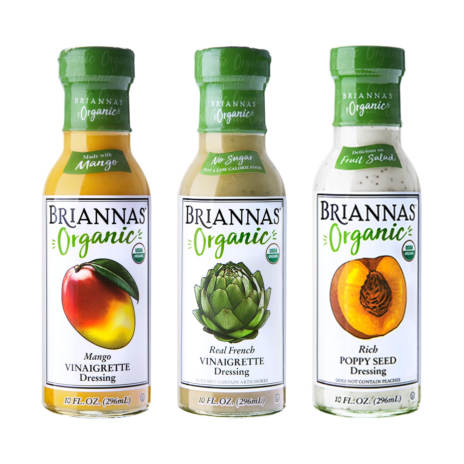 BRIANNAS - Certified Organic & Kosher Dressing Variety Pack - Mango Vinaigrette, Real French Vinaigrette, & Rich Poppy Seed - Made with Premium Ingredients - 10 oz. Bottles - 3 Pack