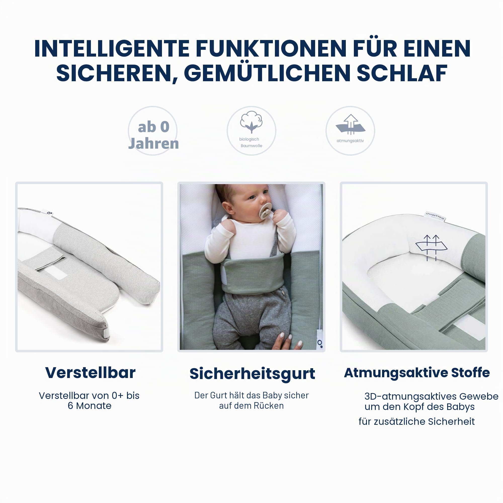 Doomoo Cocoon Babynestchen für Babys bis 8 Monate - Babynest, Kuschelnest, Lagerungskissen aus Bio-Baumwolle, Oeko-Tex Zertifiziert, Tetra Jersey Green