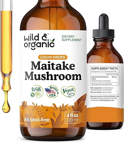 Wild & Organic Maitake Tintura de hongos - Suplemento de apoyo inmunológico - Extracto líquido de hongo Maitake - Gotas veganas, sin azúcar y