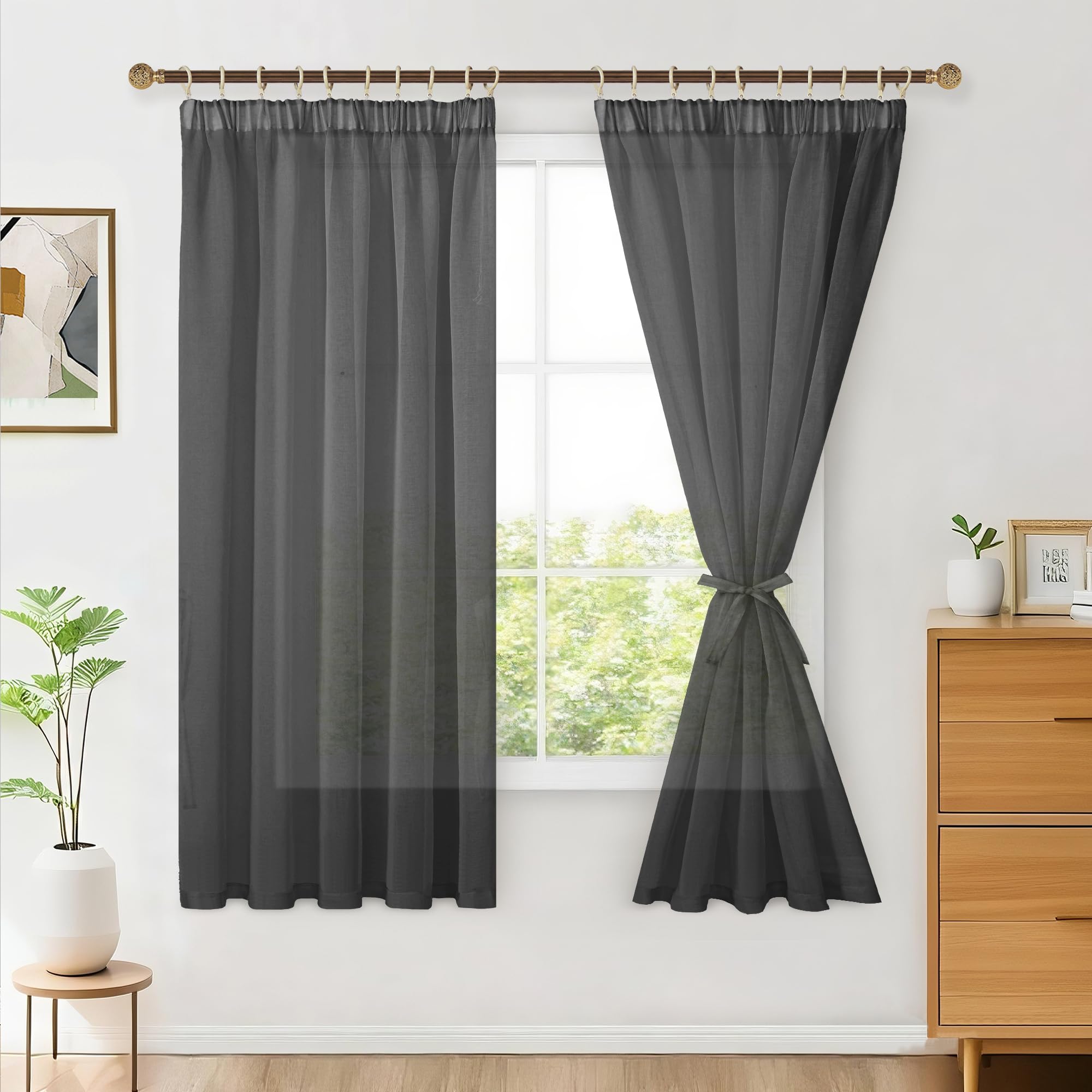 Hiasan 2er Set Sheer Voile gardinen vorhänge gardine Wohnzimmer mit Kräuselband Curtains scheibengardinen Vorhang Transparente Durchsichtig Luftig Dekoschal für Schlafzimmer 175x140cm(HxB) Schwarz