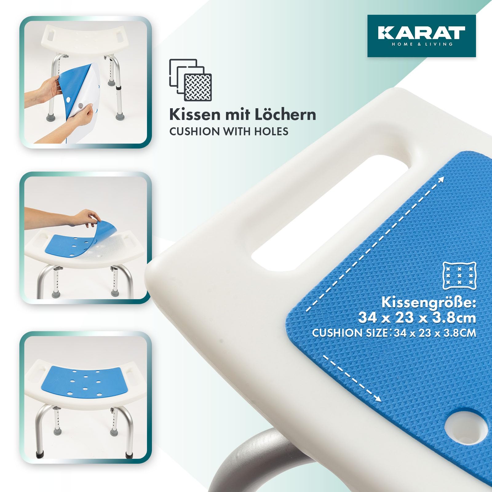 KARAT Taburete de Ducha - Altura Regulable 38-53 cm - Soporta Hasta 136 kg - Asiento de Ducha Antideslizante y Estable - Taburete de Bañera Con Patas de Goma Antideslizantes