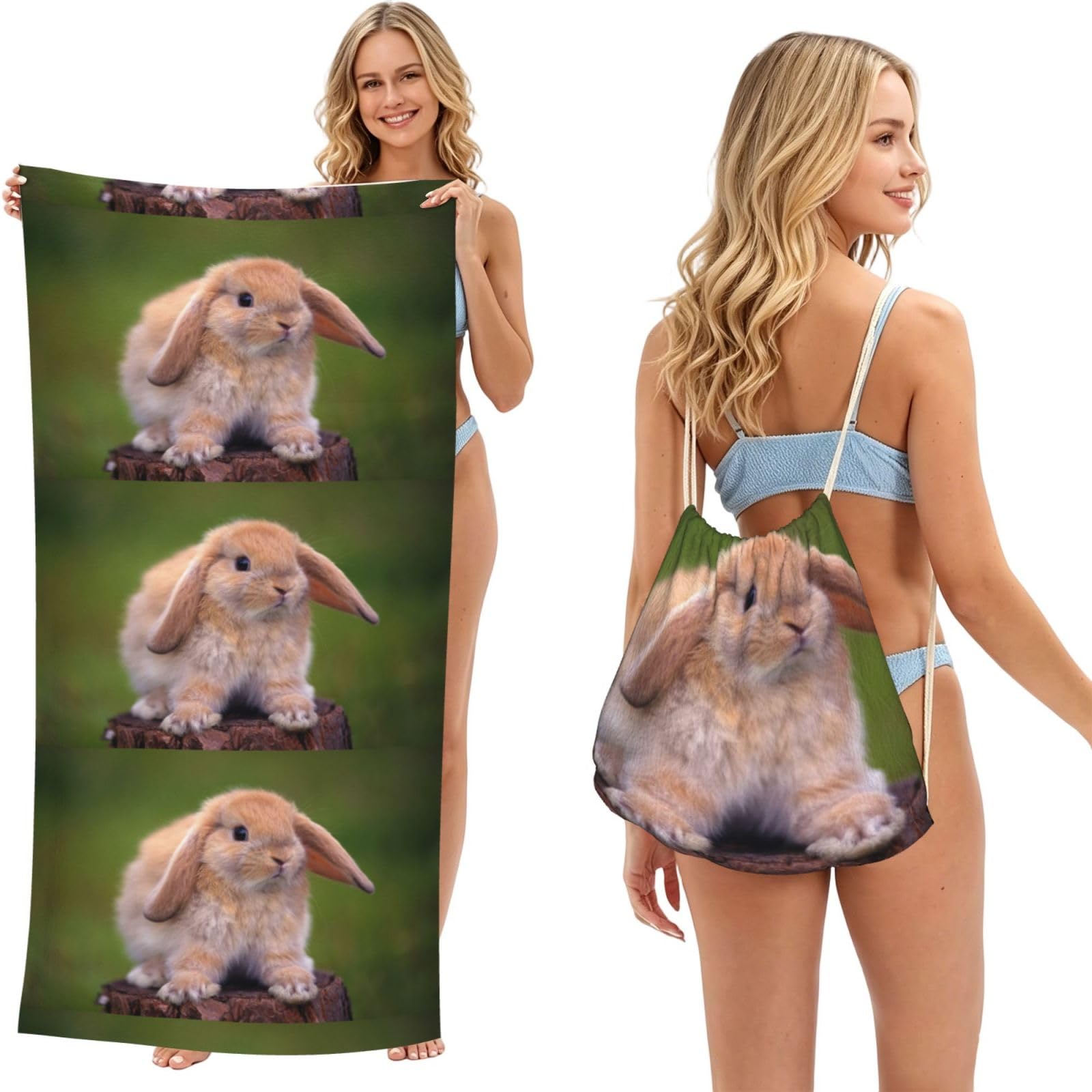Poadnly As Picture Rabbit, 2 In 1 Packable Towel Bag, Beach Towels With Drawstring Backpack For Travel Holiday Camping