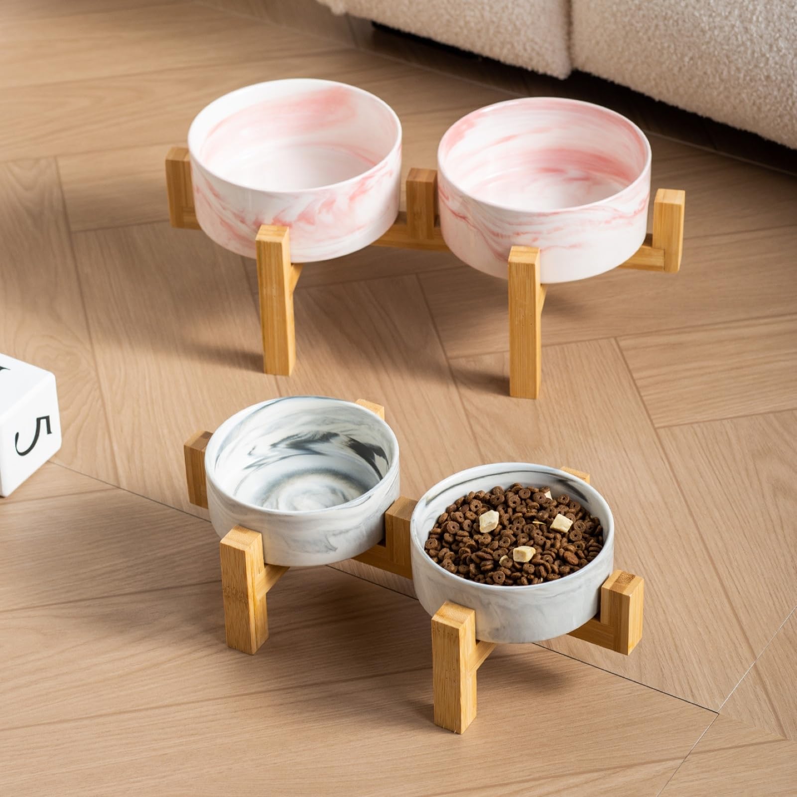 Podwyższone Ceramiczne Miski dla Kota z Bambusowym Stojakiem, Podwójna Miska na Wodę i Karmę dla Kotów i Małych Psów, Nowoczesna Podwyższona Miska Łatwa do Czyszczenia(E,Medium)