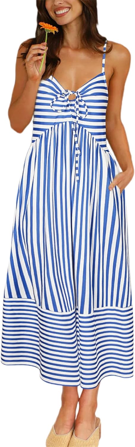 Fashionme Womens Summer Maxi Dresses 2026 Trendy Striped Vacation Boho Beach Spaghetti Strap Sundress Back Tie with Pockets