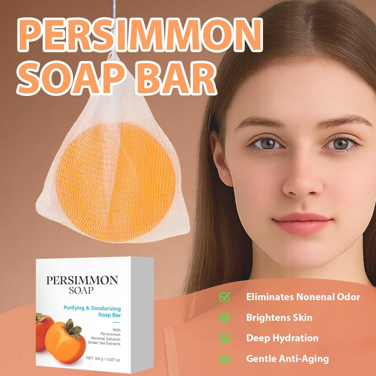 Persimmon Soap Bar for Body Odor Control, Persimmon Soap Bar for Old People Smell, For Men and Women, Comes with A Built-in Bubble Net, Gentle on All Skin Types, 3.52oz - Image 4