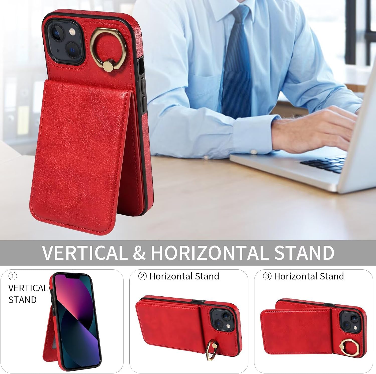 Caseurban Compatible with iPhone 13/14 Wallet Case with Card Holder, Ejector Pin & SIM Card Storage, 360° Rotation Ring PU Leather Kickstand Card Slots Case Shockproof Protective Phone Cover Red