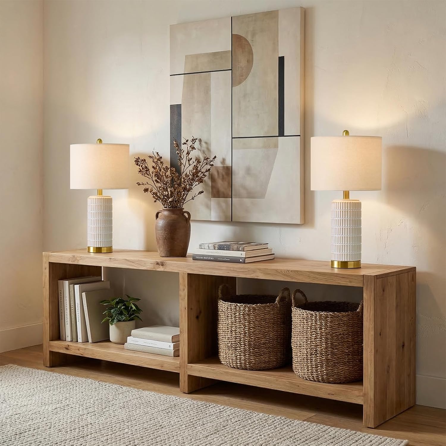 PoKat Small Bedside Table Lamps Set of 2 for Bedroom Living Room, 21.5'' Modern Ceramic Nightstand Lamps with Gold Base, Farmhouse Table Lamps for Office End Side Table Console, White and Beige