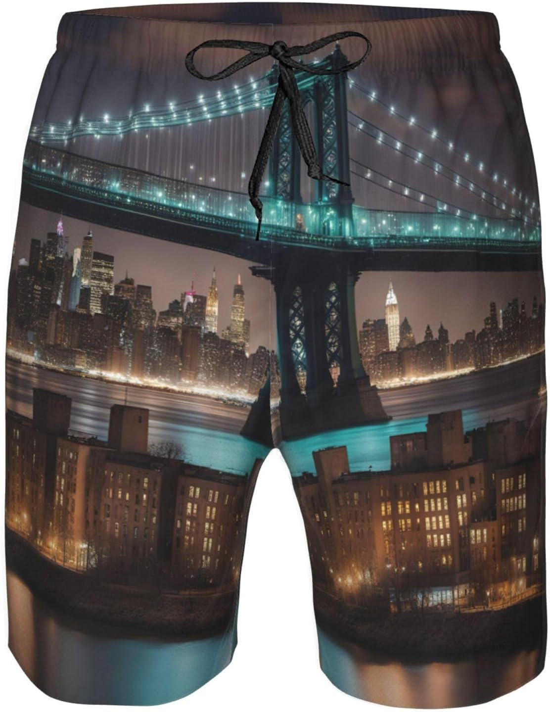 Mens New York Manhattan Bridge Night Print Beach Shorts,Casual Summer Shorts for Men,Quick Dry Polyester