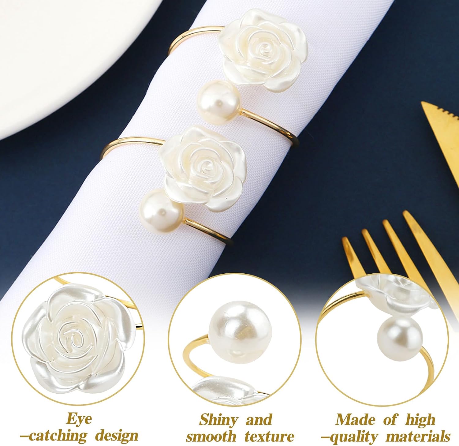 16Pcs Pearl Napkin Rings, Rose Flower Napkin Buckles,Gold Napkin Rings Holders Metal Serviette Buckles for Wedding Dinner Party Kitchen Table Setting Birthday Christmas Decorations