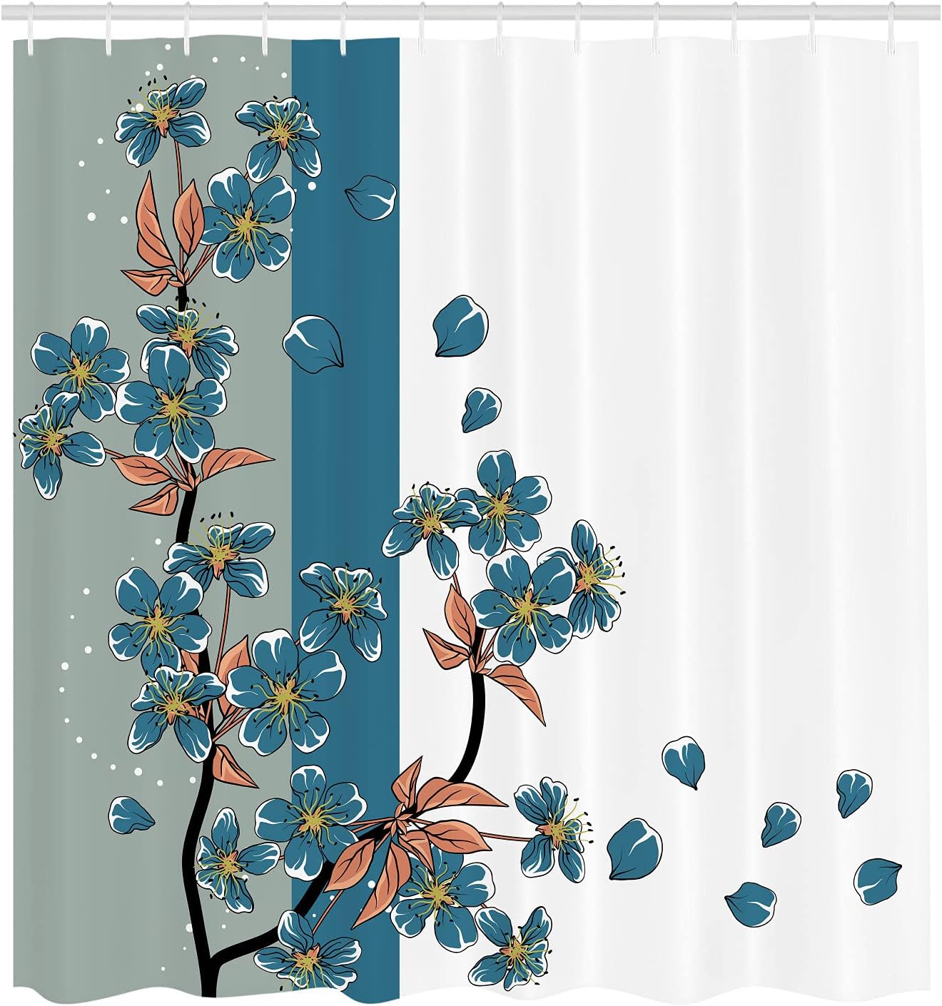 Ambesonne Japanese Shower Curtain, Romantic Sakura Blooms Flowers Petals Spring Wind Eastern Nature Theme, Cloth Fabric Bathroom Decor Set with Hooks, 84" Long Extra, Dark Turquoise