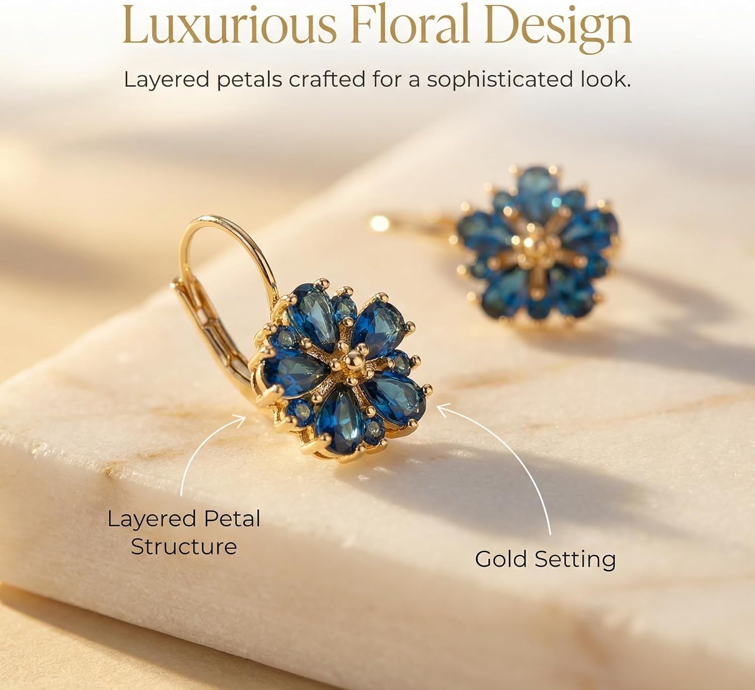 Blue Earrings for Women Vintage Gold Sapphire Floral Earrings and Trendy Navy Jewelry Elegant Design for Women Leverback Earring - Image 2