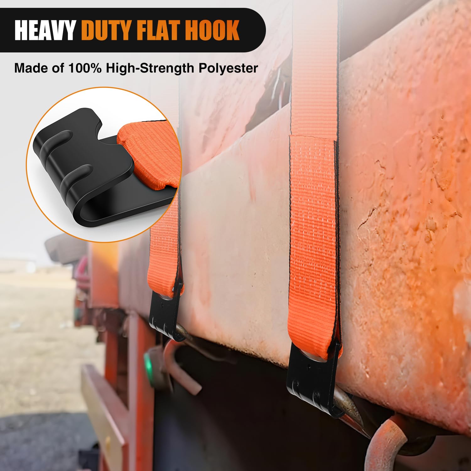 Nilight Cinghie per camion da 10,2 cm x 7,6 m, arancioni, resistenti, con gancio piatto, resistenza alla rottura, 7.620 kg, carico fino a 2.449 kg, per pianali, camion, rimorchi, fattorie, salvataggio