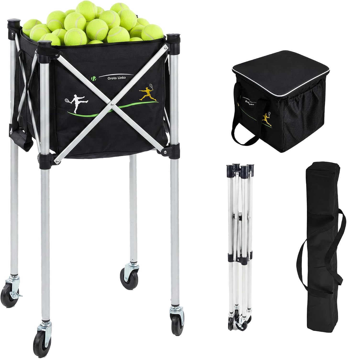 Tennis Ball Hopper for 150 Balls, Foldable Basket Cart with Lightweight Aluminum Frame, Locking Wheels, Zippered Closed-Top Bag Helps Keep Balls Cleaner, YKK Zipper, Portable Caddy for Practice