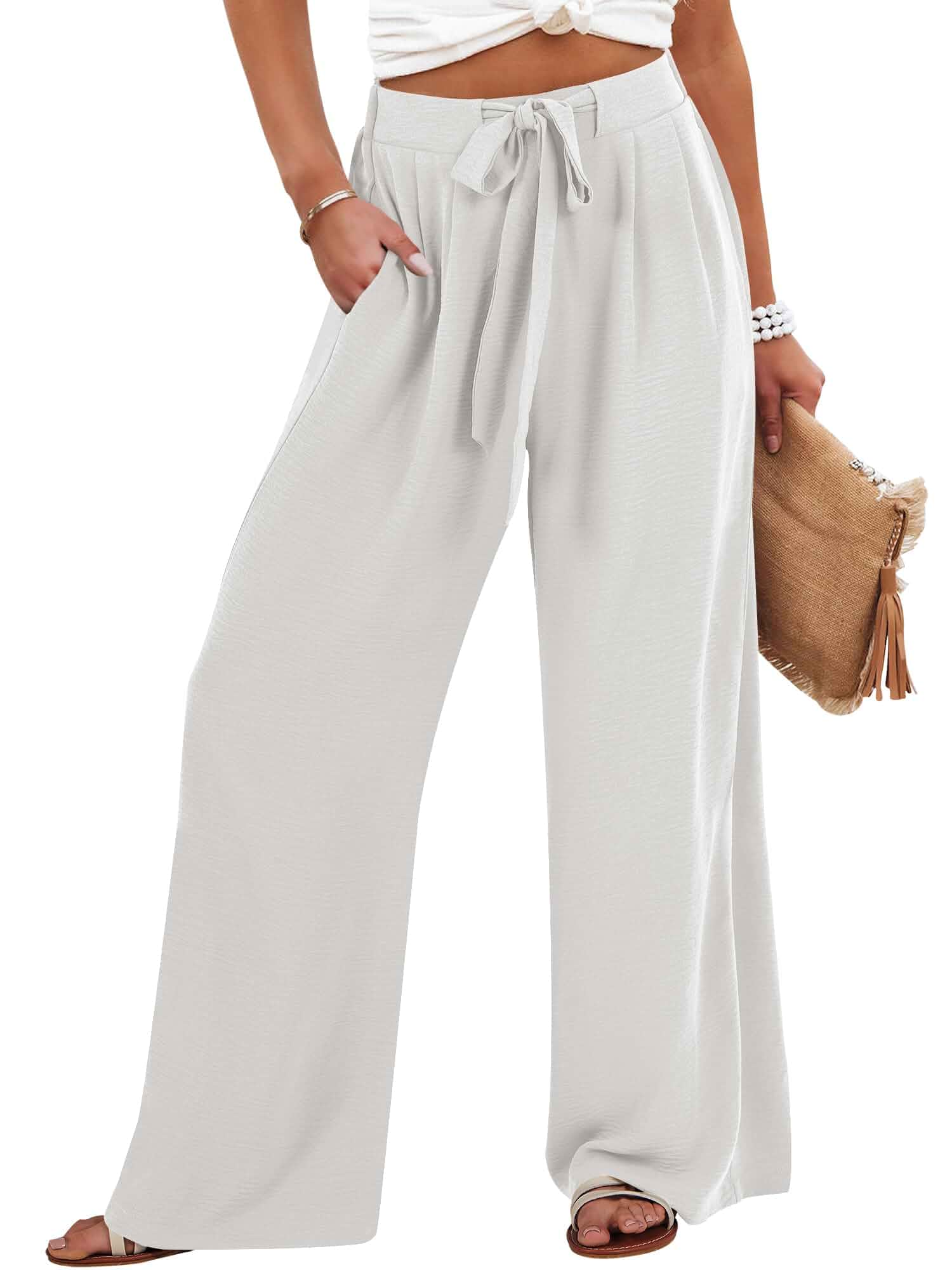 Caracilia Women's Wide Leg Palazzo Pants Summer High Waist Flowy Trousers Business Casual Lounge Outfits with Pockets，Loose fit ,Adjustable Tie Knot Belt，Beach Travel Vacation Fall Clothes