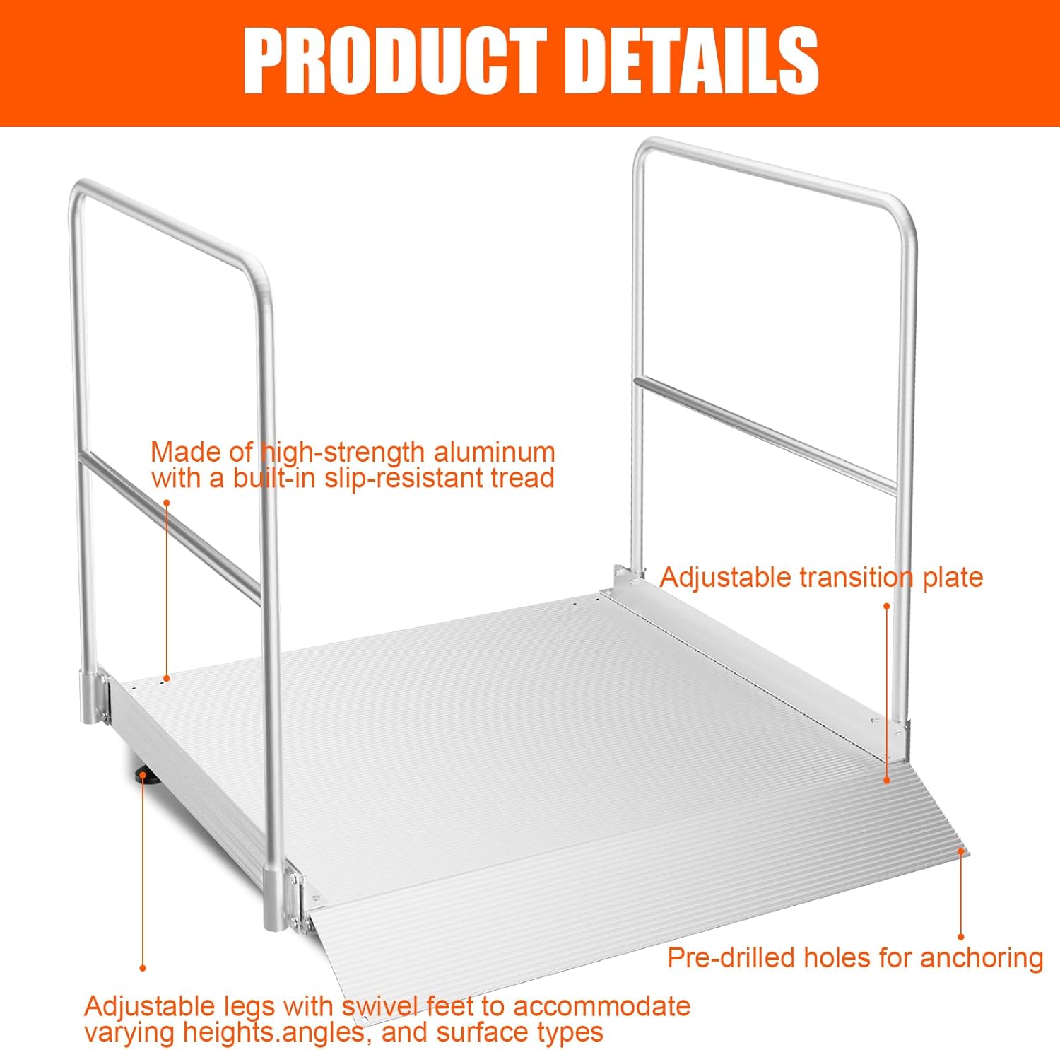 Aluminum Adjustable Threshold Ramp with Detachable Handrail for Wheelchair, 36" x 36" Doorway Ramp with 3.4"–7.2" Rise, Self-Supporting Entry Ramp for Uneven Surface, 1100lb Capacity with Non-Slip Mat