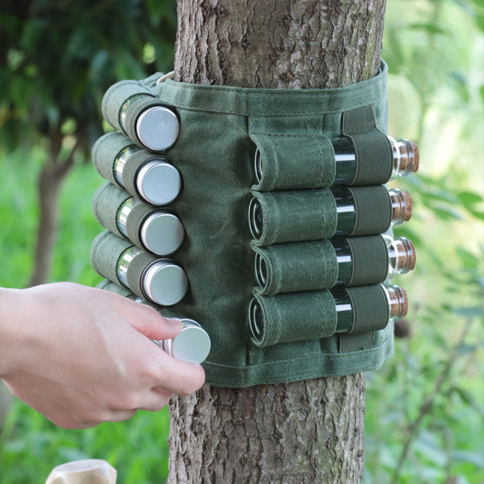 Domary Tragbare Gewürztasche, Leichtes Segeltuch, Große 9 Löcher, Langlebige, Faltbare Gewürz-Aufbewahrungstasche für den Außenbereich, Camping-Gewürzbeutel (Grünes Set (mit 9 Flaschen))