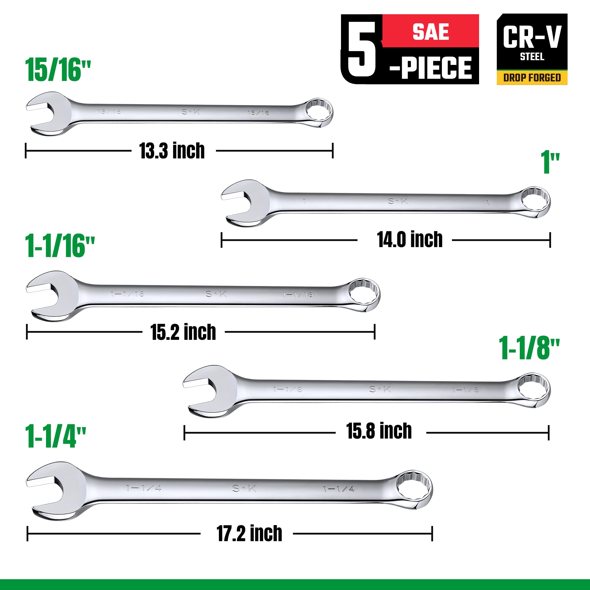 SK Long Pattern Combination Wrench Set, SAE 15/16