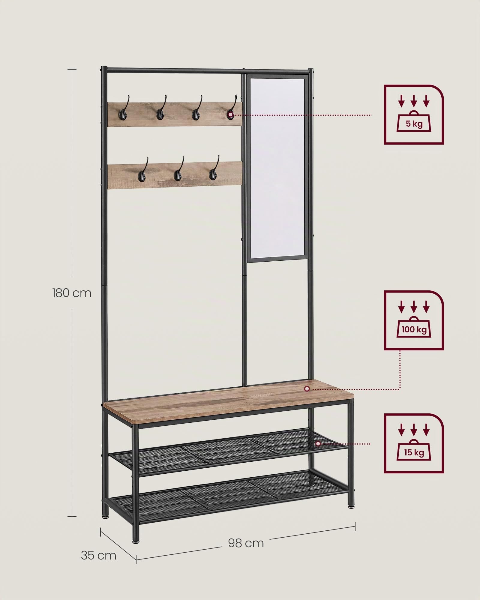 VASAGLE Perchero con Zapatero, Perchero para Pasillo con Espejo, Ganchos, Banco y Zapatero, 35 x 98 x 180 cm, Pasillo, Dormitorio, Entrada, Industrial, marrón Camello y Tinta Negra HSR415K01