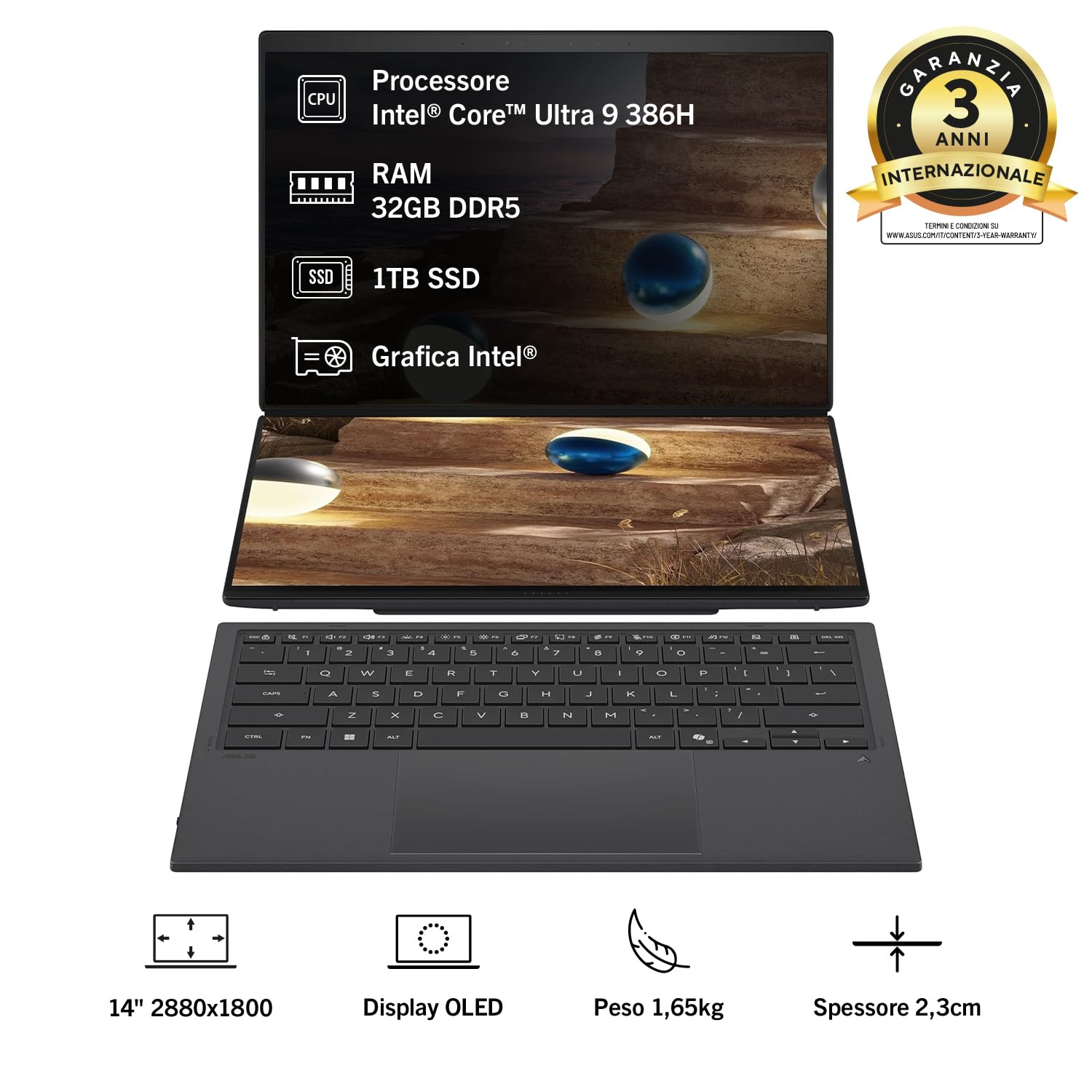 ASUS Zenbook Duo UX8407AA#B0FZL6WN7M, Notebook con display 14" OLED, Glossy, 144Hz, processore INTEL CORE ULTRA 9 386H,RAM 32GB, 1TB SSD, WIN11 Home, Grigio