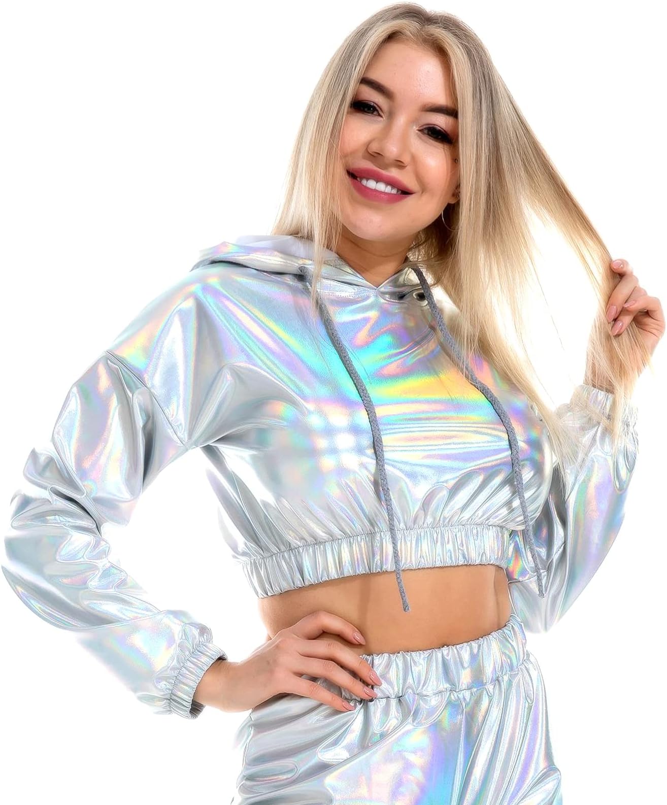 Womens Shiny Metallic Crop Top Hoodies Drawstring Long Sleeve Wet Look Pullover Holographic Sweatshirts Club Wear