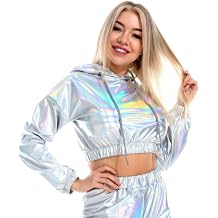 OBEEII Womens Shiny Metallic Crop Top Hoodies Drawstring Long Sleeve Wet Look Pullover Holographic Sweatshirts Club Wear