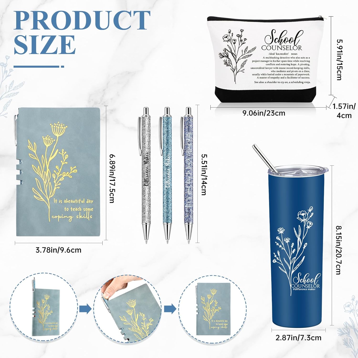 6 Pcs School Counselor Appreciation Gift Set for Women Thank You Gifts 20 oz Boho Flower Tumbler Makeup Bag Journal Ballpoint High School Teacher Educator Work(Blue, Counselor) - Image 2