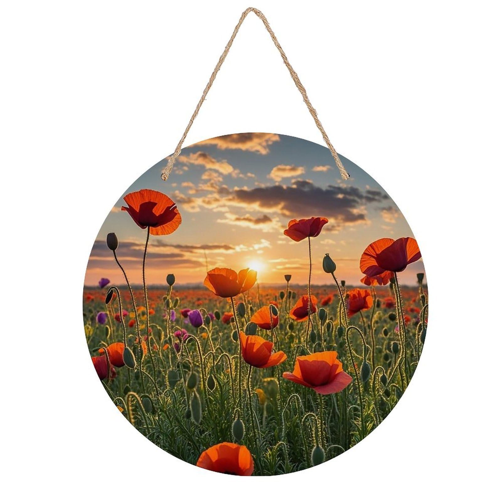 FekiLoot Round Red Poppy Flower Field in Sunset Wall Art Decor Painting Wooden Hanging Sign with Ropes Bohemian Wall Hanging Retro Mid Century Modern Wall Art for Home Bedroom Living Room 7.9x7.9 in