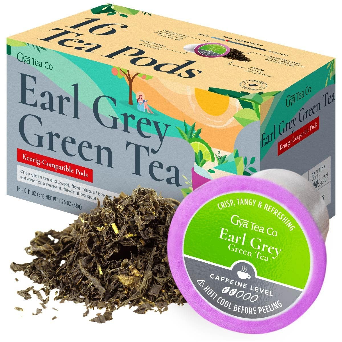 Gya Tea CoEarl Grey Green Tea K Cups - Mildly Caffeinated Green Tea Pods K Cup Teas - Earl Grey Fruit Tea K Cup Tea Pods 2.0 & 1.0 Tea Gifts for Tea Lovers