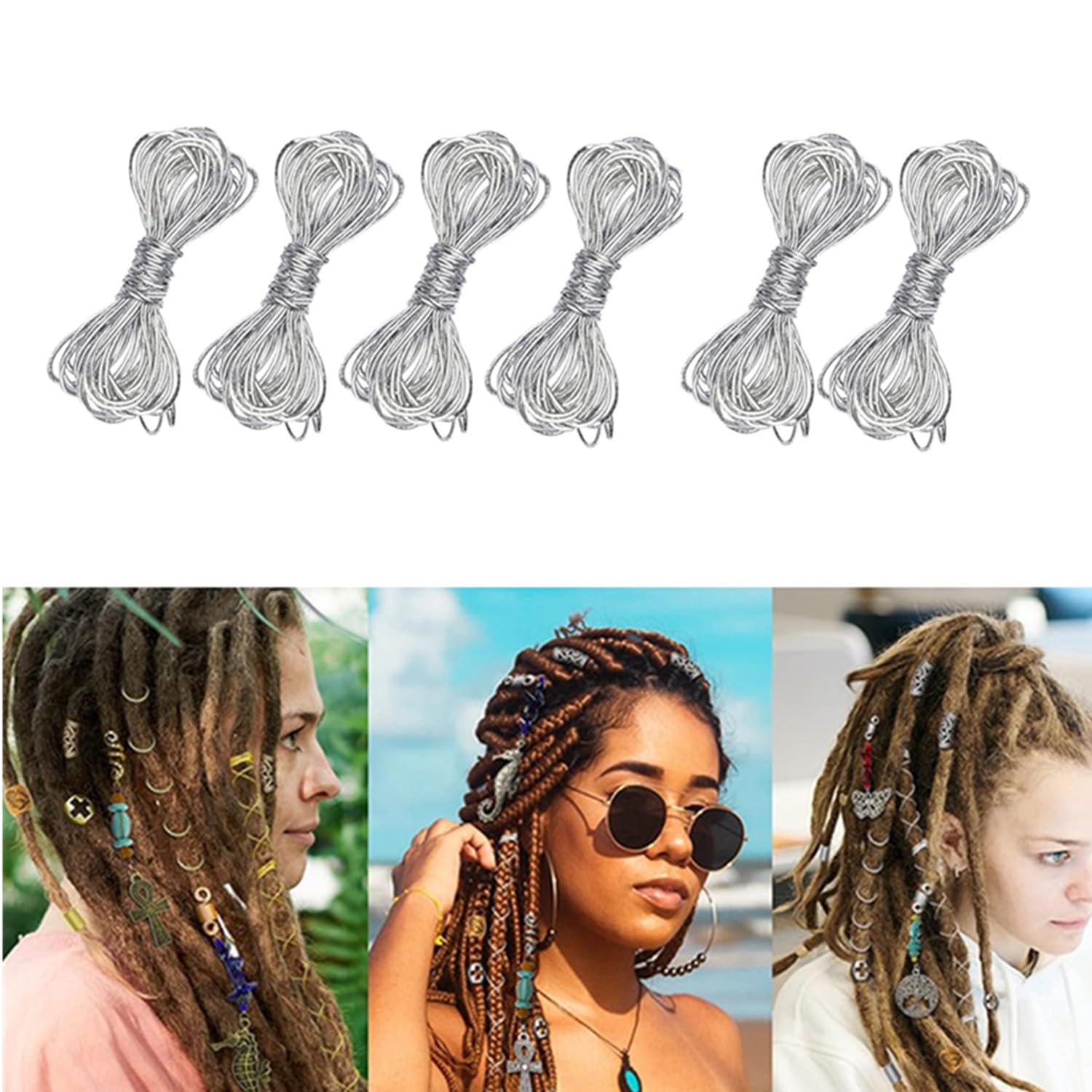 ZELLYA 5M Braids Hair Elastic Cords Braiding Rope Metallic Tinsel Stretch Cord Ribbon Gold Silver String Jewelry Thread for Hair Braiding Twist Gift Hang Tags and Craft Making 6 Pieces (silver)