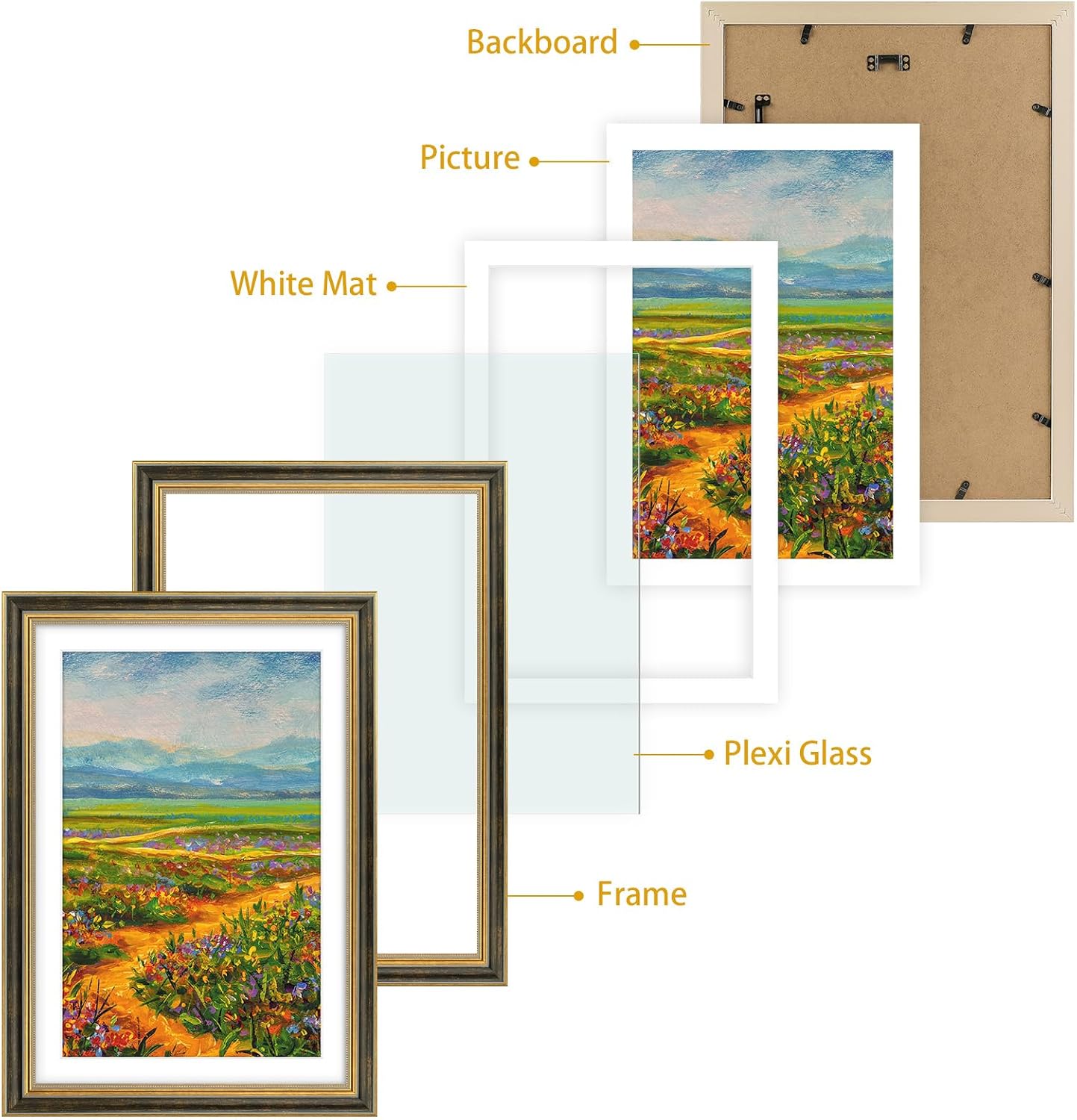 Golden State Art,13x19 Ornate Picture Frame with White Mat for 11x17 Photo or Display 13 x 19 Prints without Mat Color Black Gold(Plexiglass Front)