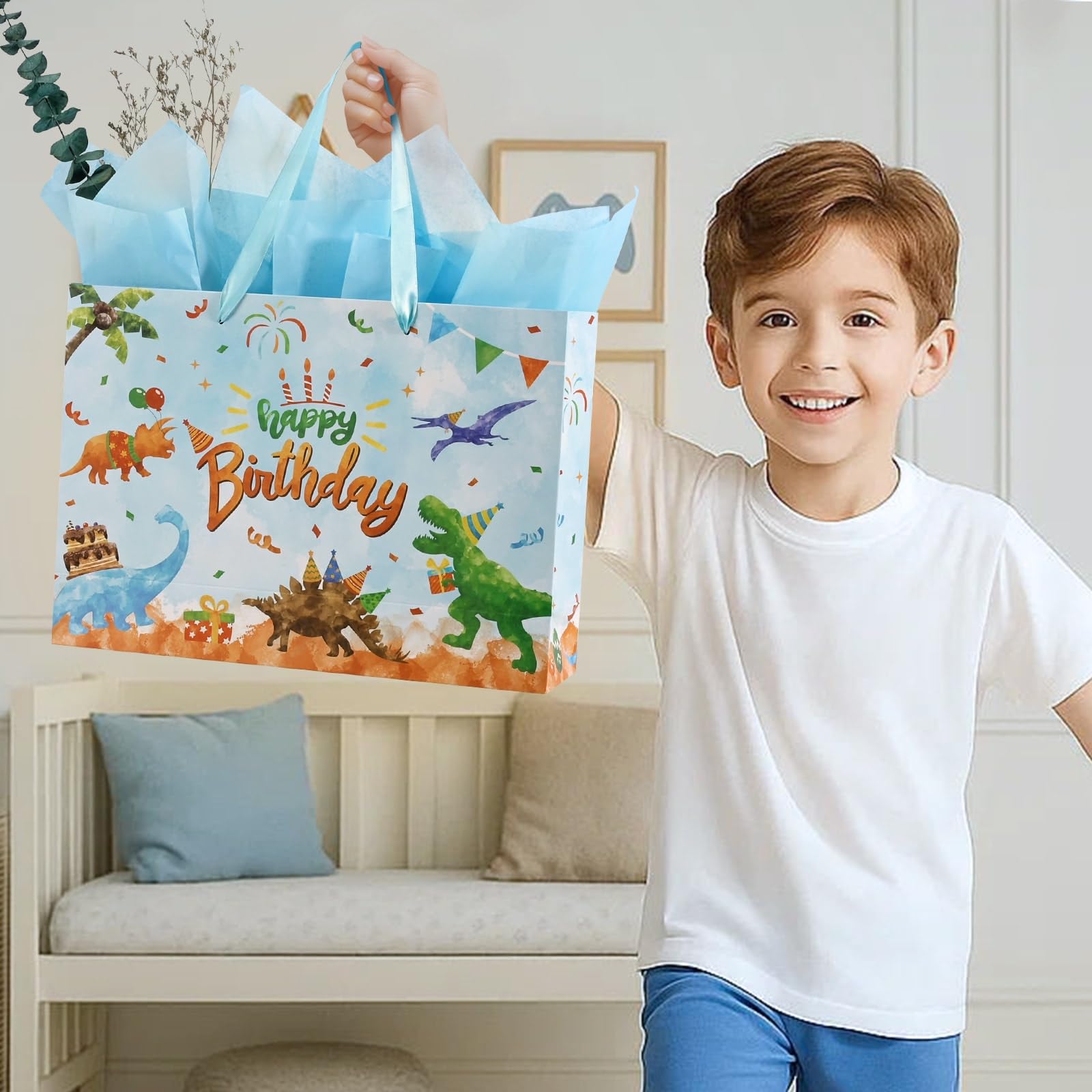 WERNNSAI Dinosaur Birthday Bag - 13" Large Happy Birthday Gift Bags with Wrapping Tissue Paper and Greeting Card for Boys Girls and Kids Dino Party Supplies Baby Showers