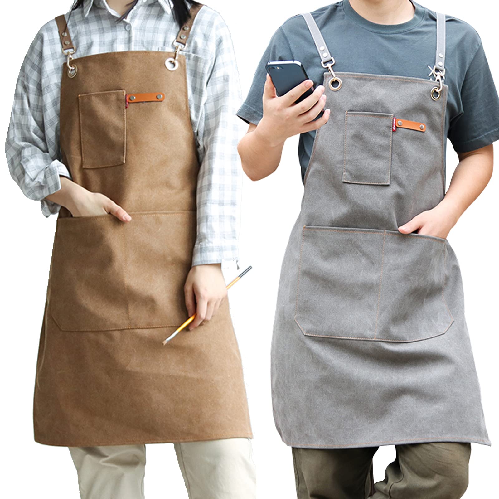 Delantales de Trabajo, Delantal de Cocina Ajustable, Delantal de Lona para Chef, Camarero, Barista, con Bolsillos, para Mujer y Hombre (2 Unidades, L)