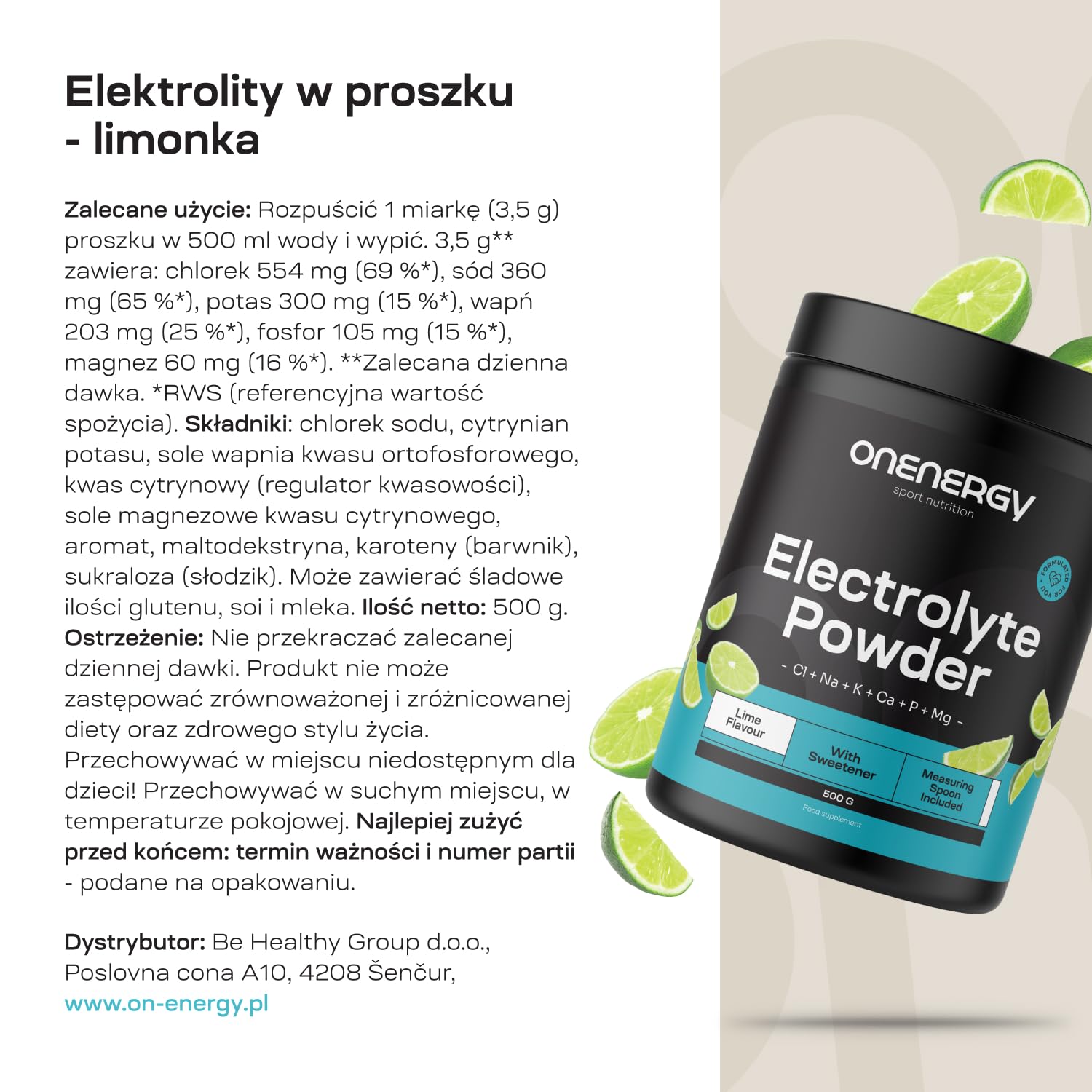 Elektrolity w proszku od OnEnergy - Limonka - 500 g - 142 porcje - Mieszanka 6 minerałów - Nawodnienie - Wsparcie mięśni i nerwów - Dołączona miarka - Na prawie 5 miesięcy