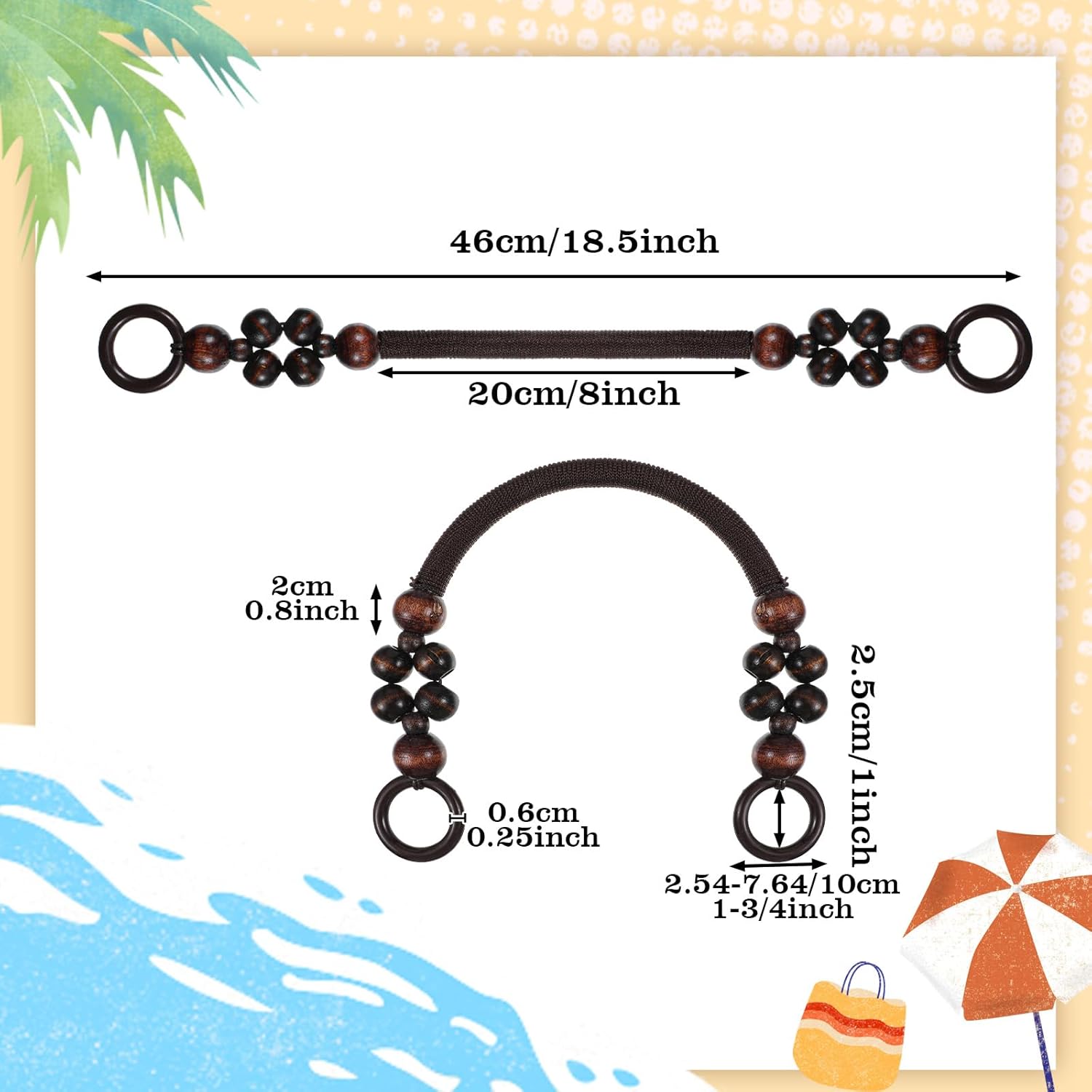 10 PCS Wooden Beaded Purse Handles, 5 Colors Rustic Bead Purse Strap Handles Replacement, Nylon Bag with Beads and Rope for Summer Beach Macrame Crochet Bag DIY Supplies (18.5 in) - Image 2