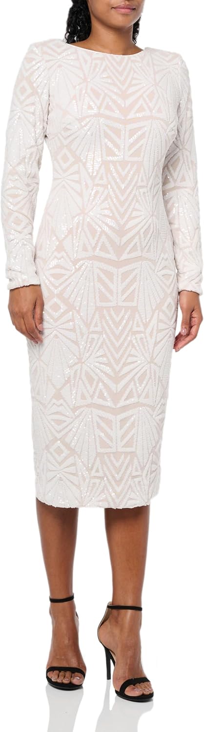 Dress The Population Womens Emery Long Sleeve Stretch Sequin Midi Sheath Ddr147