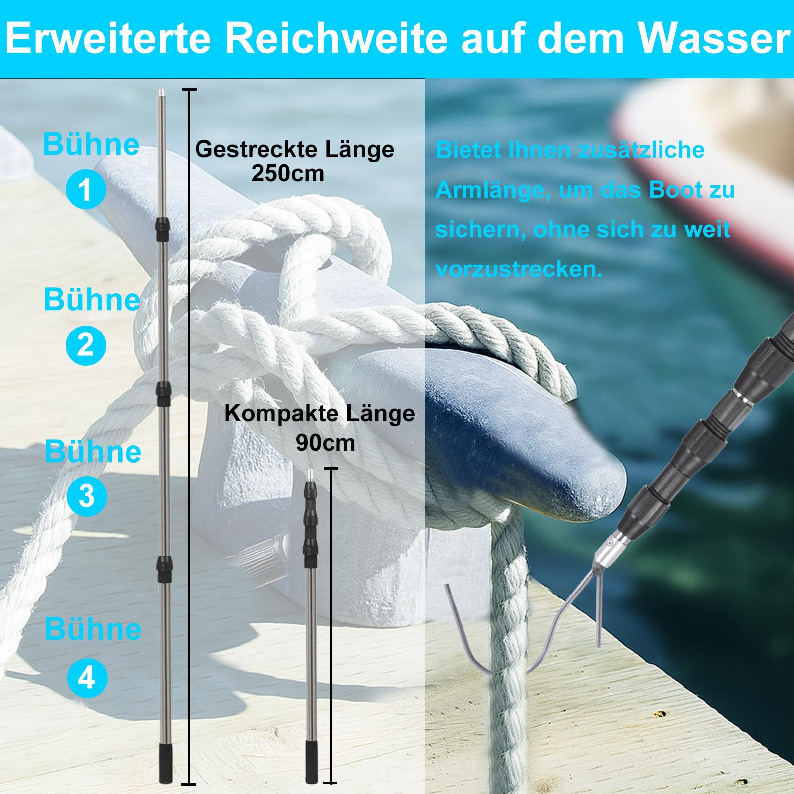 BeGrit Teleskop Bootshaken Edelstahl Ausziehbar Dock Polen 90-250 cm,Ø 25mm seewasserbeständig Schleusenhaken Langlebig Rostbeständig Ausziehbar Bootshaken für Boot Docking Positionieren