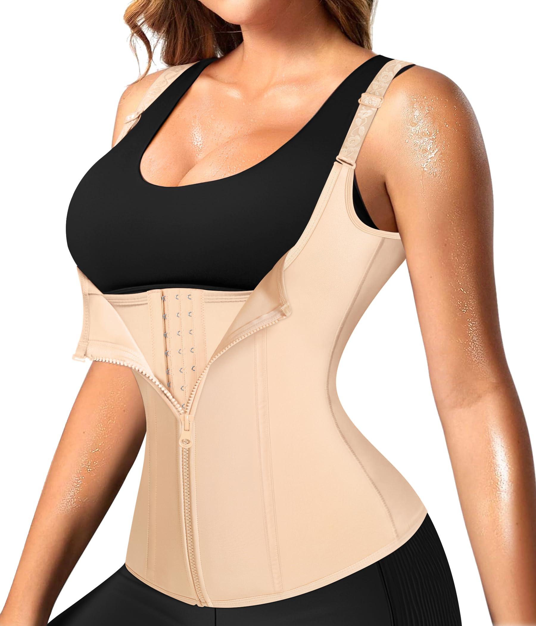 Nebility Women Waist Trainer Corset Zipper Vest Body Shaper Cincher Tank Top with Adjustable Straps, Beige, S