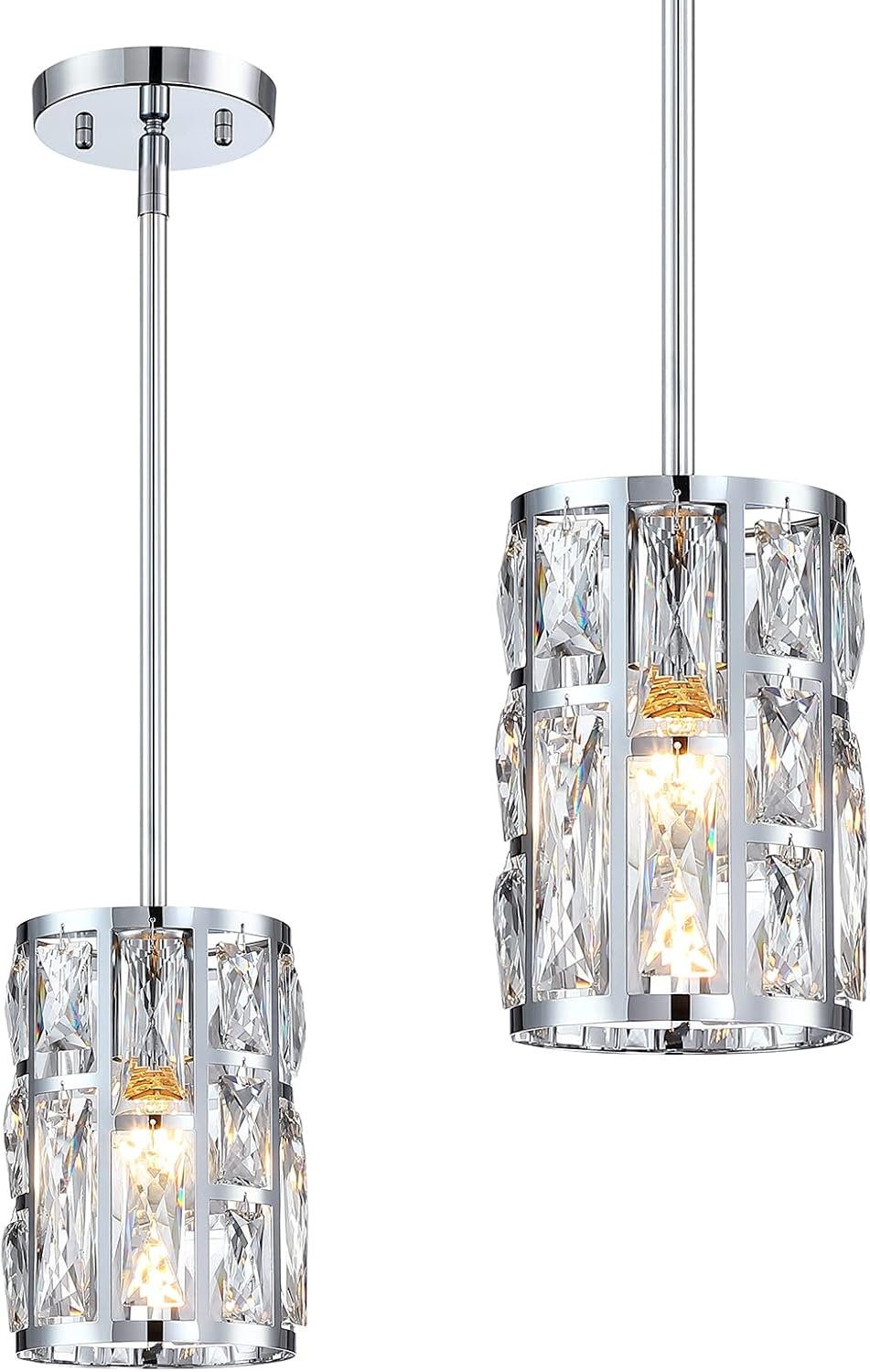 MEXO Modern Crystal Pendant Light Fixture 2-Pack Chrome Finish Hanging Lighting Crystal Chandelier for Kitchen Island