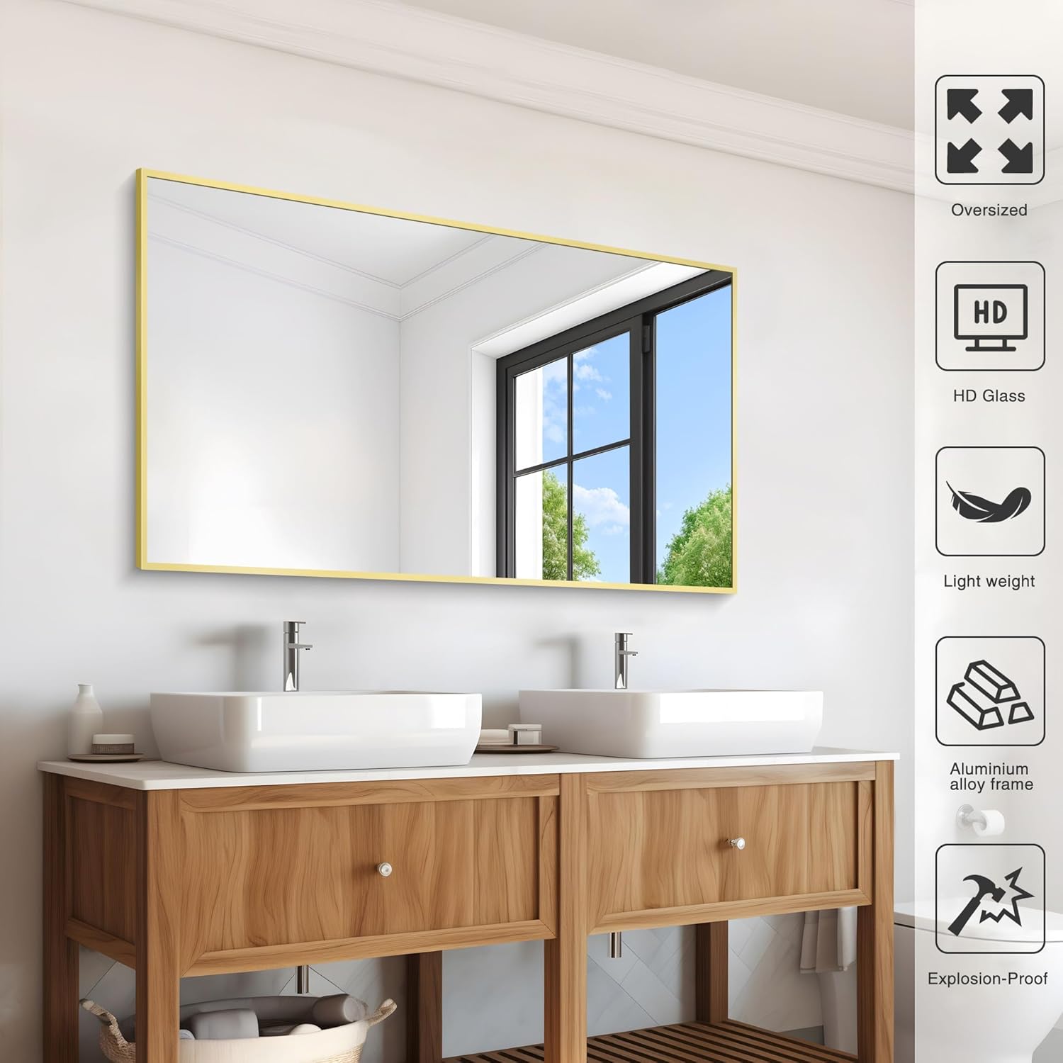 COFENY 36x55inch Bathroom Mirror, Gold Rectangle Mirror with Thin Metal Frame, Large Rectangular Wall Mirror for Bathroom, Living Room, Hair Salon, Big Farmhouse Mirror Hang Horizontal/Vertical